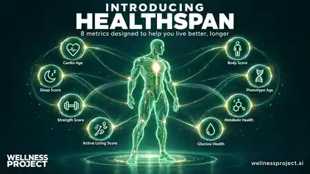 ภาพรวม Healthspan แสดงอายุหัวใจและหลอดเลือด คะแนนการนอนหลับ คะแนนความแข็งแรง คะแนนการใช้ชีวิตกระฉับกระเฉง คะแนนร่างกาย อายุฟีโนไทป์ สุขภาพเมตาบอลิซึม และสุขภาพระดับน้ำตาลในเลือด