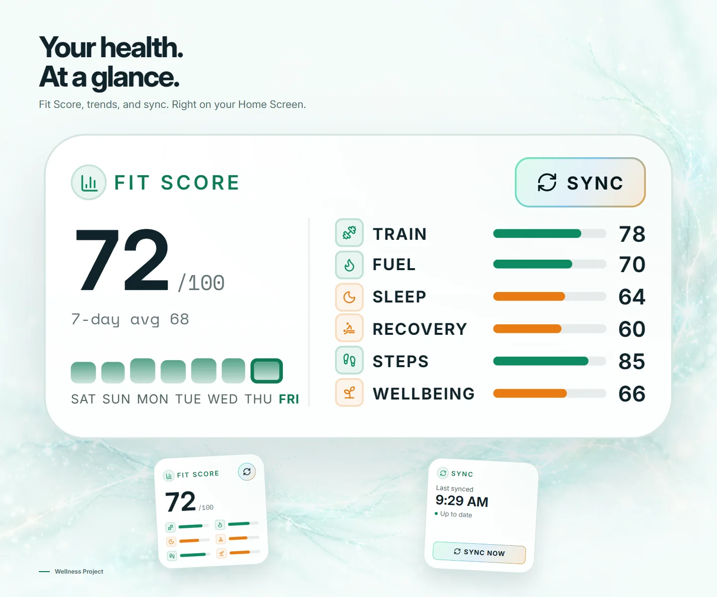 오늘의 점수와 여섯 가지 구성 요소를 보여 주는 Fit Score 위젯, 그 옆의 작은 Fit Score 위젯과 동기화 상태 위젯