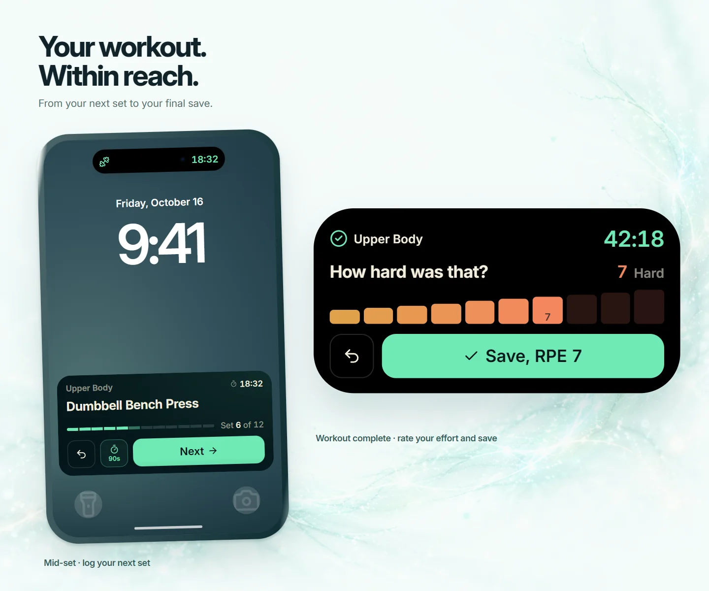 A workout on the iPhone Lock Screen with Undo, rest timer and Next buttons, and the finished workout card asking how hard it was, with a Save button